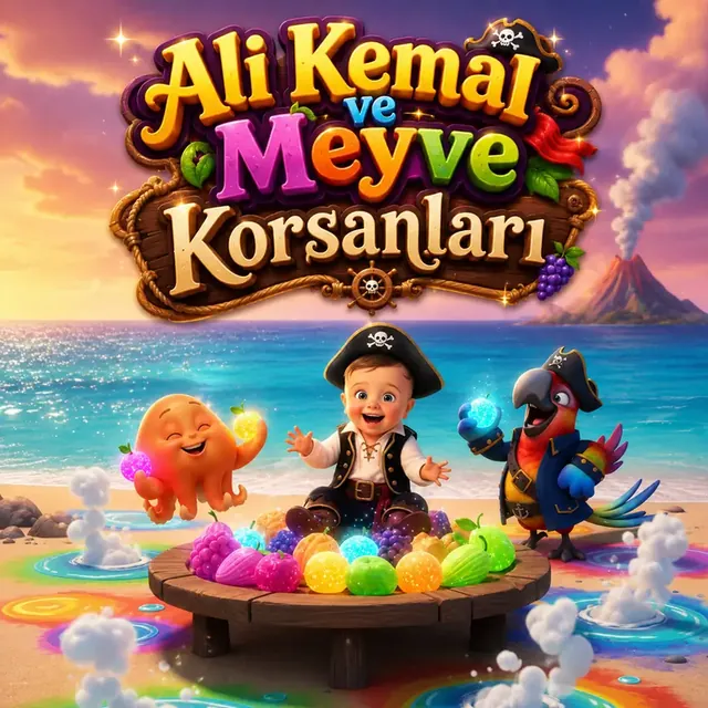 Örnek kitap kapağı: Ali Kemal ve Meyve Korsanları, Ali Kemal korsan şapkasıyla renkli meyvelerin başında