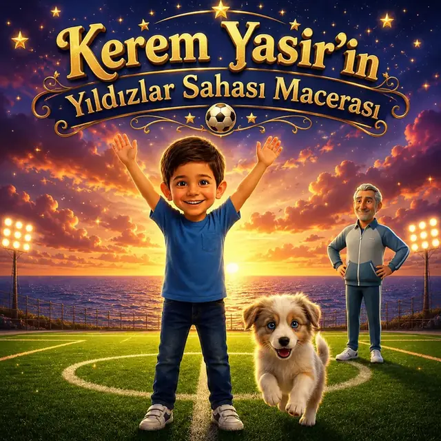 Örnek kitap kapağı: Kerem Yasir'in Yıldızlar Sahası Macerası, Kerem Yasir futbol sahasında köpeğiyle sevinçle kollarını açmış
