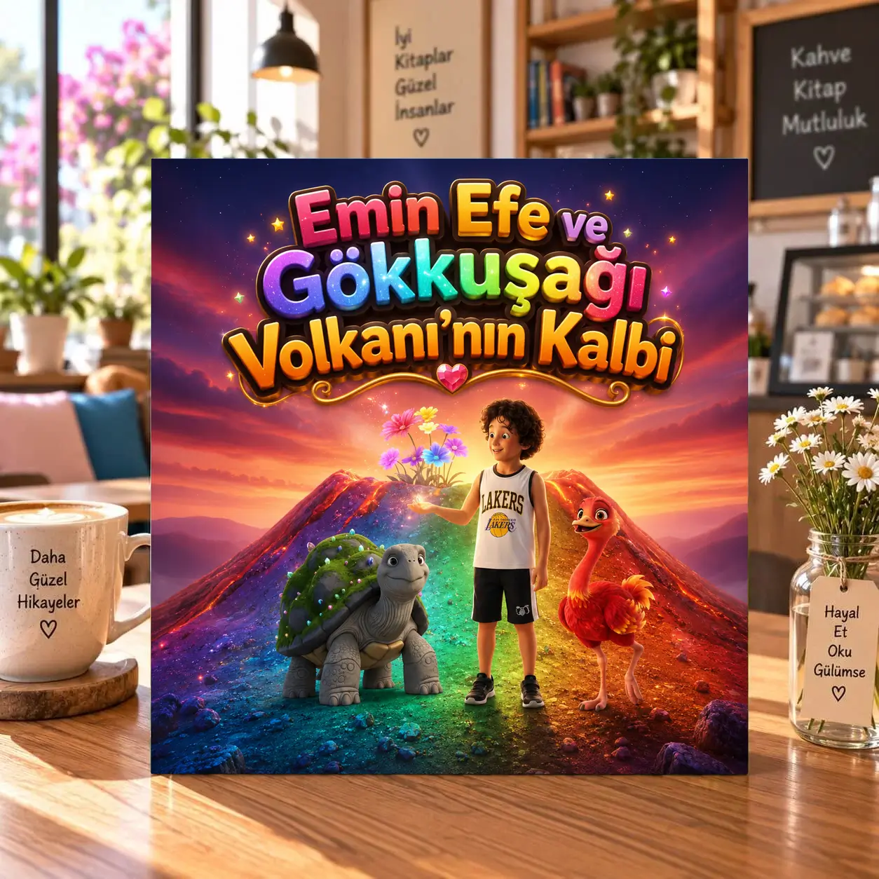 Macera temalı hikaye kitabı kapağı: Emin Efe ve Gökkuşağı Volkanı'nın Kalbi