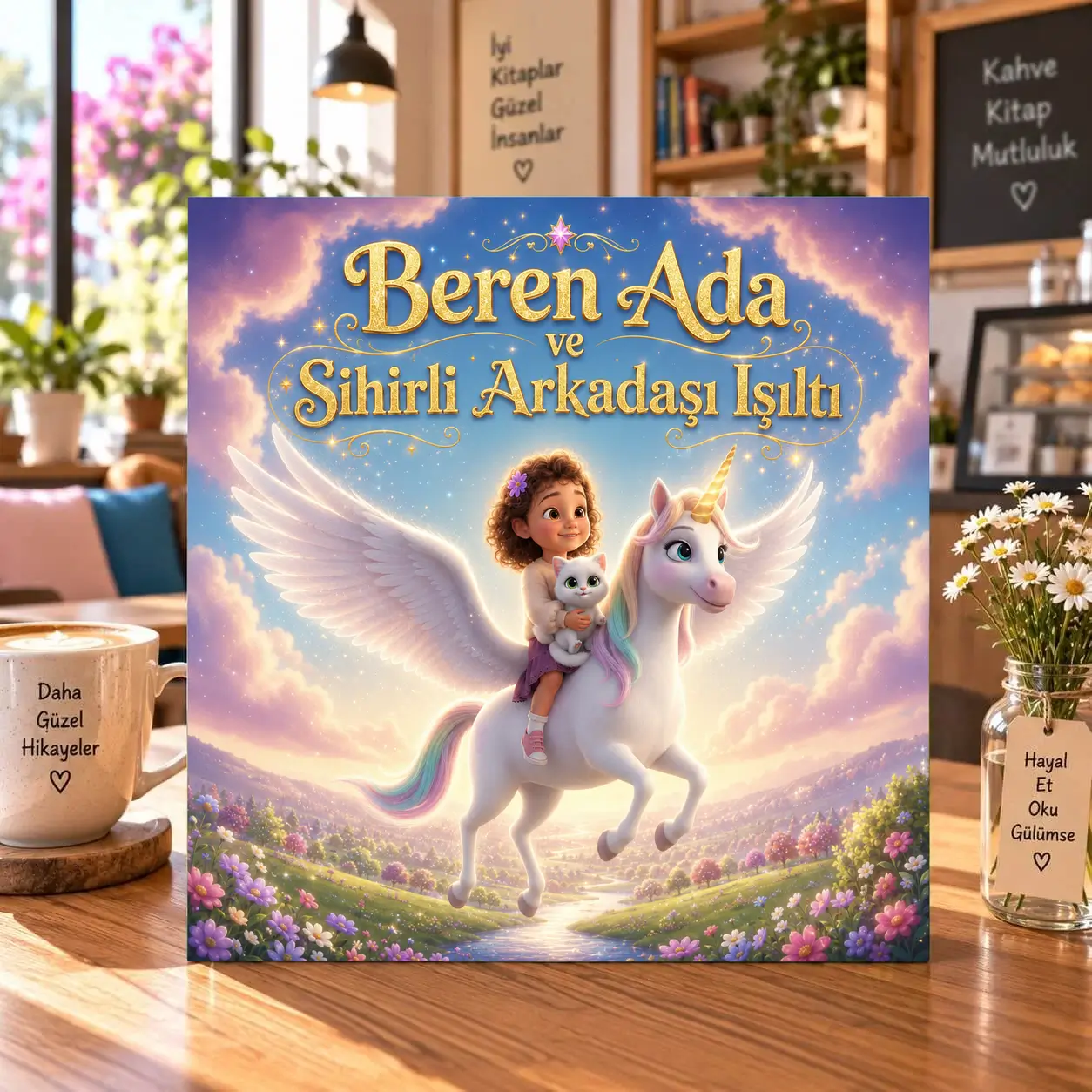 Unicorn temalı hikaye kitabı kapağı: Beren Ada ve Sihirli Arkadaşı Işıltı