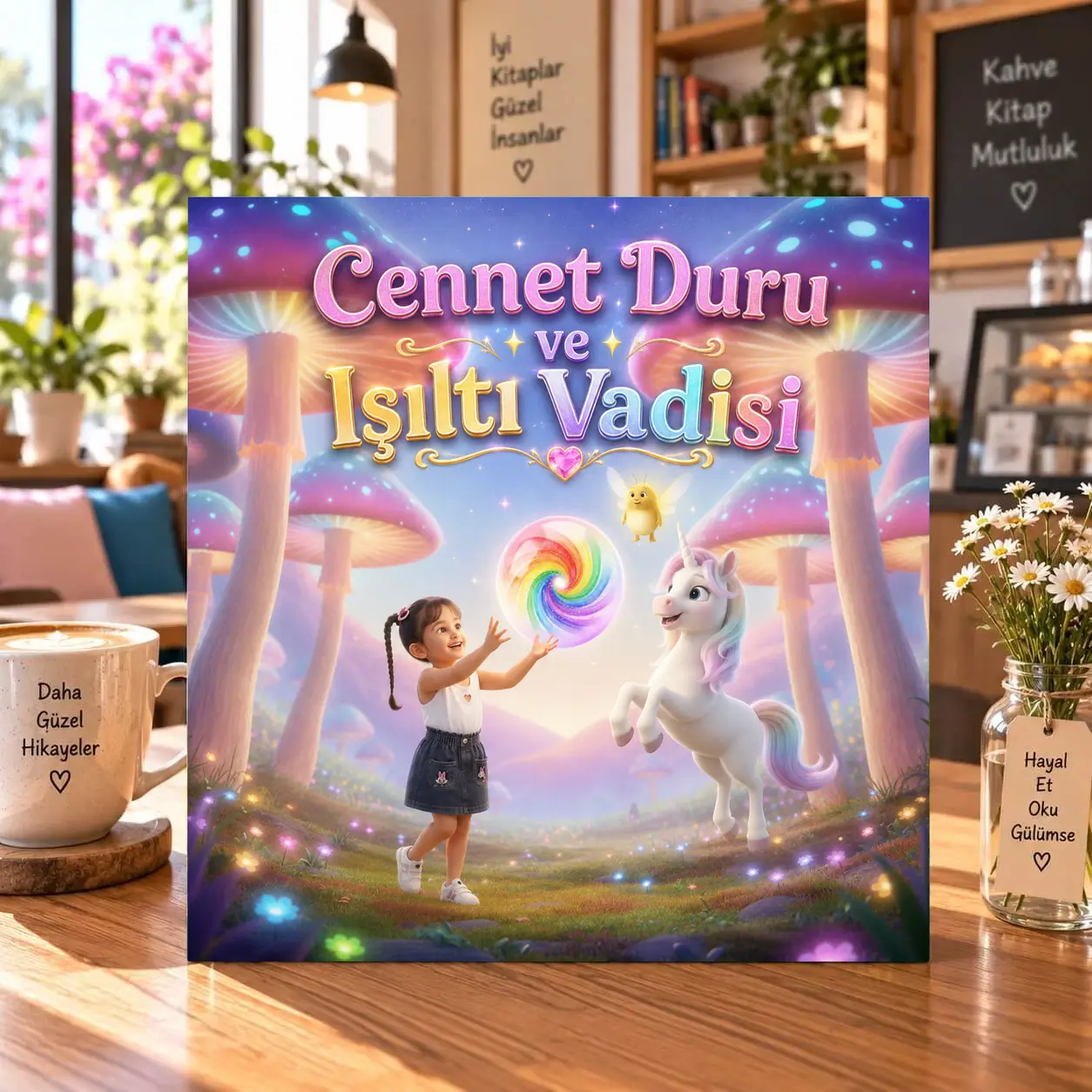 Unicorn temalı hikaye kitabı kapağı: Cennet Duru ve Işıltı Vadisi