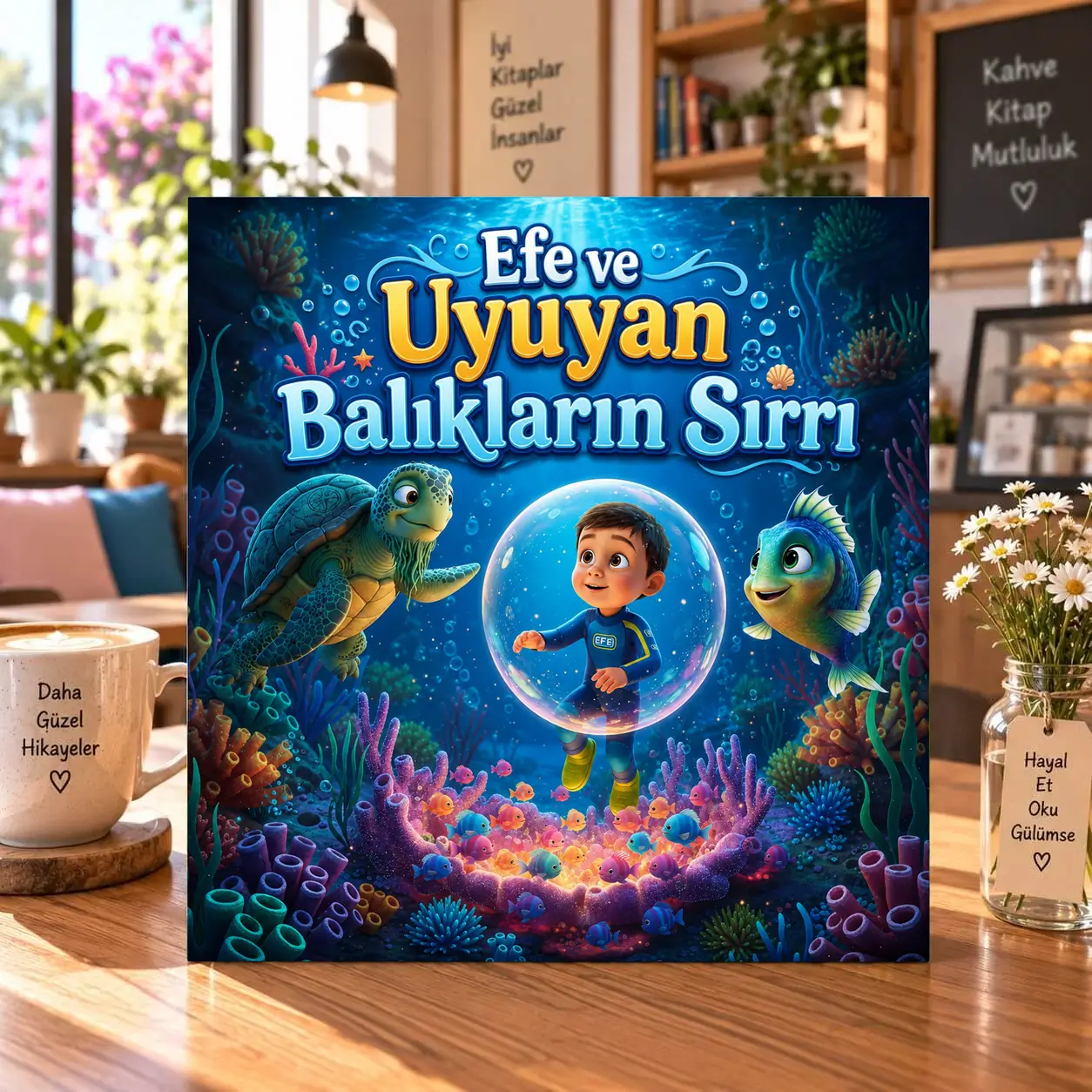 Deniz temalı hikaye kitabı kapağı: Efe ve Uyuyan Balıkların Sırrı